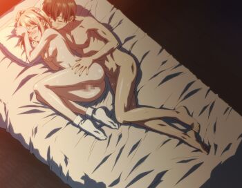 1boy 1girl aftersex ass bed blonde_hair blush breasts censored bad_tag hetero indoors interior kamimura_chika legs lying nipples nude pussy short_hair sisters_~natsu_no_saigo_no_hi~ small_breasts socks sweat torso_grab white_legwear