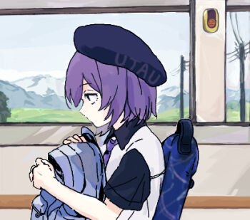 1girl backpack bag beret bus_interior commentary_request hakamada_tama hat holding holding_bag lowres purple_eyes purple_hair short_hair short_sleeves sitting utane_uta utau