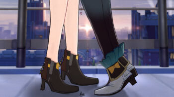 2girls artist_name black_boots black_thighhighs blurry blurry_background boots building city cloud cloudy_sky commentary english_commentary evening firefly_(honkai:_star_rail) heart high_heel_boots high_heels highres honkai:_star_rail honkai_(series) implied_kiss in-universe_location kaosi1 multiple_girls peril pink_sky shadow shoes sky skyscraper stelle_(honkai:_star_rail) sun sunlight sunset thighhighs tiptoes trailblazer_(honkai:_star_rail) white_shoes window yuri