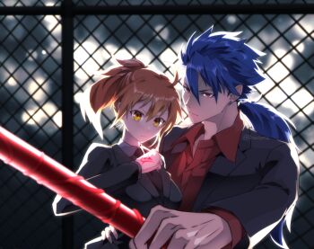 Rule 34 | 0nodera, 1boy, 1girl, black jacket, black necktie, blue hair, chain-link fence, closed mouth, collared shirt, command spell, commentary request, cu chulainn (fate), cu chulainn (fate/prototype), earrings, fate/grand order, fate (series), fence, fujimaru ritsuka (female), holding, holding polearm, holding weapon, jacket, jewelry, long hair, long sleeves, necktie, night, orange eyes, orange hair, outdoors, polearm, ponytail, red eyes, red shirt, shirt, short hair, weapon