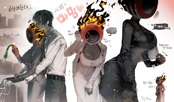 Rule 34 | 1boy, 1girl, alternate skin color, apron, black dress, breasts, carrot, clock, coat, commentary request, cowboy shot, dante (limbus company), dark-skinned female, dark skin, dongtan dress, dress, fire, genderswap, genderswap (otf), grey dress, grey jacket, hand up, highres, index (identity) (project moon), indoors, jacket, korean commentary, korean text, large breasts, limbus company, object head, project moon, real pepper131, red coat, shopping cart, skin tight, taut clothes, taut dress, translation request, yi sang (project moon)