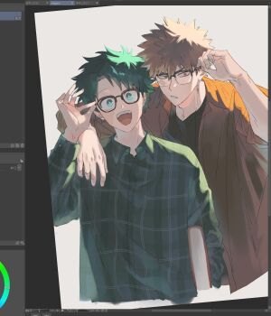 Rule 34 | 2boys, adjusting eyewear, alternate costume, arm on another's shoulder, art program in frame, bakugou katsuki, bespectacled, black-framed eyewear, black shirt, blonde hair, boku no hero academia, brown shirt, collared shirt, commentary request, cropped torso, dmdtmt99, freckles, glasses, green hair, happy, highres, korean commentary, long sleeves, looking at viewer, male focus, midoriya izuku, multiple boys, open clothes, open shirt, over-rim eyewear, red eyes, scar, scar on face, semi-rimless eyewear, shirt, short hair, sideburns, smile, spiked hair, unfinished, upper body