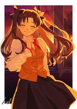 1girl artist_name black_hair black_skirt blush brown_vest closed_eyes commentary_request dusk fate/stay_night fate_(series) grin hal_(haaaalhal) highres homurabara_academy_school_uniform indoors long_hair school_uniform skirt smile solo tohsaka_rin twintails vest