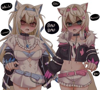 Rule 34 | 2girls, animal ear fluff, animal ears, bandaid, bandaid hair ornament, belt, belt collar, black collar, black jacket, blonde hair, blue belt, blue eyes, blue hair, blush, breasts, claw (weapon), cleavage, collar, commentary, crop top, cropped jacket, cropped shirt, dog ears, dog girl, dog tail, dress, english commentary, english text, fangs, frilled shorts, frills, fur-trimmed jacket, fur trim, fuwawa abyssgard, fuwawa abyssgard (1st costume), hair ornament, hairpin, headphones, headphones around neck, highres, hololive, hololive english, jacket, large breasts, long hair, looking at viewer, mococo abyssgard, mococo abyssgard (1st costume), multicolored hair, multiple girls, natsume mina, navel, open mouth, pink belt, pink eyes, pink hair, shaded face, shirt, short hair, shorts, siblings, simple background, sisters, small breasts, spiked collar, spikes, streaked hair, tail, twins, two side up, virtual youtuber, weapon, white background, white dress, white shirt, white shorts, x hair ornament, yandere