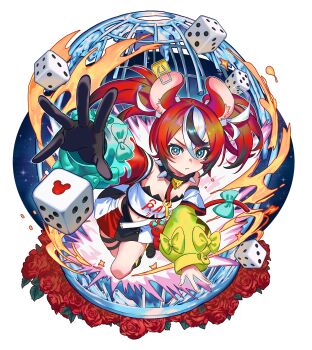 1girl absurdres animal_ears asymmetrical_sleeves black_gloves black_skirt blue_eyes blue_sleeves bow cheese closed_mouth collar dice flower fluffycatfish food gloves hakos_baelz hakos_baelz_(1st_costume) highres hololive hololive_english mismatched_sleeves mouse_ears mouse_girl mouse_tail mousetrap multicolored_skirt navel outstretched_arm red_flower red_rose red_skirt red_sleeves rose shirt simple_background single_glove skirt solo spiked_collar spikes tail tail_bow tail_ornament twintails virtual_youtuber white_background white_shirt white_skirt yellow_sleeves