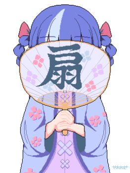 1girl :| animated animated_gif blinking blue_eyes blush_stickers bow choker closed_mouth fanning floral_print hair_bow hair_rings hand_fan haori highres holding holding_fan japanese_clothes jitome kawawagi looking_at_viewer looping_animation multicolored_hair original pink_bow pixel_art print_haori purple_hair simple_background solo white_background
