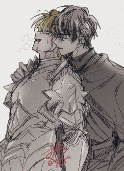 2boys alberu_crossman armor black_hair blonde_hair blood blood_from_mouth blood_on_face breastplate breath cape choi_han closed_eyes commentary_request hand_on_another&#039;s_shoulder highres lout_of_count&#039;s_family male_focus multiple_boys open_mouth osewa6363 short_hair signature simple_background twitter_username upper_body yaoi