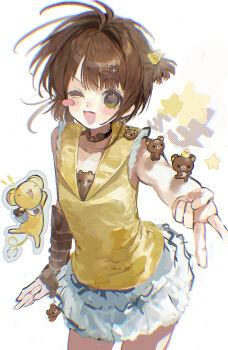 Rule 34 | 1girl, ;d, absurdres, alternate costume, arm warmers, blush stickers, brown arm warmers, brown hair, cameo, cardcaptor sakura, chinese commentary, commentary request, cowboy shot, fashion, green eyes, gyaru v, heisei retro, highres, kero (cardcaptor sakura), kiiroitori, kinomoto sakura, one eye closed, open mouth, rilakkuma, ruffian439, san-x, shirt, short hair, simple background, single blush sticker, skirt, sleeveless, sleeveless shirt, smile, solo focus, v, variant set, white background, white skirt, yellow shirt