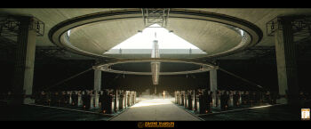 1girl absurdres artist_logo artist_name bakairis building english_text factory helmet highres logo machine machinery orange_headwear orange_shorts orange_vest original pillar scenery science_fiction shorts solo standing sunlight vest