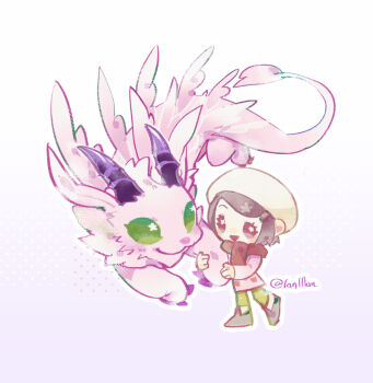 Rule 34 | body fur, brown eyes, brown hair, chibi, digimon, digimon (creature), digimon adventure 02, dragon, full body, green eyes, holydramon, jacket, lanlllan, pink fur, pink jacket, red scarf, scarf, short hair, simple background, twitter username, white background, yagami hikari
