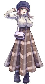 1girl bag between_breasts blush braid breasts brown_hair brown_skirt full_body green_eyes handbag hat highres iyashigorira12 large_breasts long_hair long_skirt long_sleeves looking_at_viewer open_mouth original ribbed_sweater shoes simple_background skirt smile solo strap_between_breasts sweater twin_braids white_background white_sweater