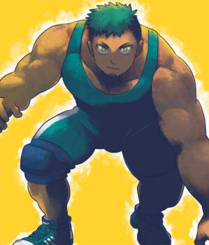 Rule 34 | 1boy, bara, black hair, commentary request, dark-skinned male, dark skin, facial hair, feet out of frame, fighting stance, goatee, green eyes, green hair, green shoes, ikusaba daisuke, knee pads, large pectorals, looking at viewer, male focus, multicolored hair, muscular, muscular arms, muscular male, pectorals, revision, shoes, short hair, sideburns, simple background, singlet, solo, taurus mask, thick thighs, thighs, tokyo houkago summoners, tsuna (so da77), two-tone hair, wrestling outfit, yellow background