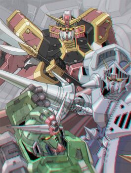 alternate_form chromatic_aberration command_gundam gundam holding holding_polearm holding_weapon knight_gundam kuramochi_kyouryuu lance mecha mobile_suit musha_gundam naginata no_humans orange_eyes polearm robot science_fiction sd_command_chronicles sd_gundam sd_gundam_gaiden sd_sengokuden v-fin weapon yellow_eyes