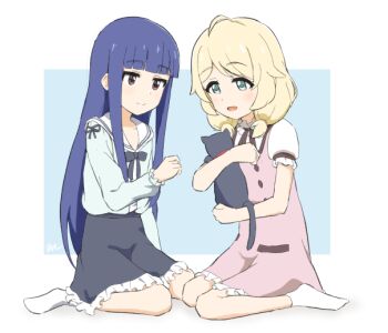 2girls :d aayh animal black_bow black_cat black_skirt blonde_hair blue_background blue_hair blue_shirt blunt_bangs blush bow cat closed_mouth commentary_request dress frilled_dress frilled_skirt frills green_eyes idolmaster idolmaster_cinderella_girls long_hair long_sleeves multiple_girls no_shoes open_mouth parted_bangs pink_dress puffy_long_sleeves puffy_short_sleeves puffy_sleeves red_eyes sailor_collar sajo_yukimi shirt short_sleeves sitting skirt sleeveless sleeveless_dress sleeves_past_wrists smile socks two-tone_background very_long_hair wariza white_background white_sailor_collar white_shirt white_socks yusa_kozue