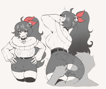 1boy 1girl anilingus ass back bare_shoulders borrowed_character bow breasts cable_knit choker cleavage commentary commission cropped_legs english_commentary fingernails hair_bow hair_ornament hetero high-waist_shorts highres huge_ass invisible_man large_breasts lenea_(eldrid_alm) lipstick long_hair makeup no_bra no_panties nyantcha off-shoulder_sweater off_shoulder original ponytail red_bow second-party_source sharp_teeth shorts skull_choker skull_hair_ornament solo_focus spot_color standing standing_anilingus surprise_buttsex surprised sweater teeth thick_thighs thighhighs thighs torn_clothes torn_shorts trembling very_long_hair