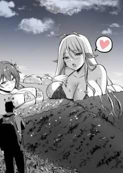 1boy 3girls ass backpack bag bikini breasts flower flying_sweatdrops giant giantess hair_flower hair_ornament heart highres hill large_breasts leaf leaf_on_head long_hair multiple_girls open_mouth original smile spoken_heart spot_color swimsuit todorokikangok