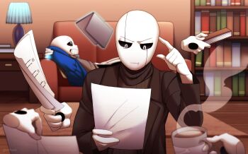 2boys :d :t alternate_universe arms_behind_head bald black_jacket black_pants black_sclera black_sweater blue_jacket book bookshelf closed_mouth coffee coffee_mug colored_sclera commentary couch cup english_commentary facing_viewer father_and_son finger_to_head floating floating_book floating_object galhum_(galhum55) glitchtale grey_sweater grin hand_up highres holding holding_cup holding_paper hood hood_down hooded_jacket index_finger_raised indoors jacket lamp lapels long_sleeves looking_at_object looking_down looking_up lying male_focus mug multiple_boys notched_lapels on_back on_couch open_clothes open_jacket open_mouth pants paper ribbed_sweater sans_(undertale) skeleton smile solo_focus sweater turtleneck turtleneck_sweater undertale upper_body utdr_(toby_fox) v-shaped_eyebrows w.d._gaster white_eyes wooden_floor