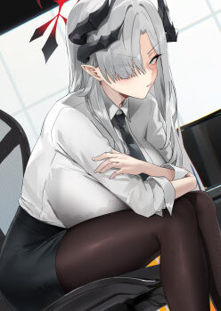 1girl black_horns blazingchaos blue_archive bra_visible_through_clothes breasts chair collared_shirt demon_horns grey_hair hair_over_one_eye halo highres horns large_breasts long_hair long_sleeves looking_at_viewer makoto_(blue_archive) multiple_horns necktie office office_lady pencil_skirt pointy_ears shirt skirt solo v-shaped_eyebrows window