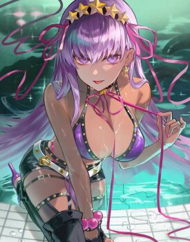 1girl bare_shoulders bb_(fate) bb_(swimsuit_mooncancer)_(second_ascension)_(fate) bead_bracelet beads belt bikini black_gloves black_shorts black_thighhighs blush bracelet breasts cleavage dark-skinned_female dark_skin fate/grand_order fate_(series) garter_belt gloves hair_ornament hair_ribbon hairband highres jewelry large_breasts long_hair looking_at_viewer micro_shorts neck_ribbon pool poolside poppoman purple_bikini purple_eyes purple_hair ribbon shorts single_glove solo star_(symbol) star_hair_ornament swimsuit tan thighhighs thighs tongue tongue_out very_long_hair water wet white_belt