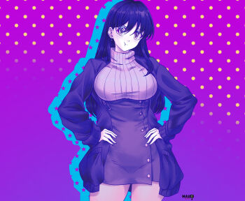 1girl big_sister_(navigavi) borrowed_character breasts brown_eyes choppy_bangs closed_mouth commentary commentary_request drop_shadow earrings english_commentary hair_between_eyes hands_on_own_hips highres jacket jewelry kurimako large_breasts long_hair long_sleeves looking_at_viewer mixed-language_commentary open_clothes open_jacket original pink_sweater pout purple_background purple_hair purple_jacket solo sweater underbust