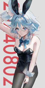 1girl alternate_costume animal_ears black_leotard blue_eyes blue_hair breasts bunny_day commentary cowboy_shot detached_collar fake_animal_ears furina_(genshin_impact) genshin_impact hair_between_eyes heterochromia highres leotard light_blue_hair looking_at_viewer multicolored_hair parted_lips playboy_bunny rabbit_ears short_hair sidelocks small_breasts solo streaked_hair tinted_eyewear two-tone_hair white_hair yukiusagi_(snowrabbit0508)