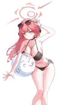 1girl adjusting_eyewear alternate_costume aru_(blue_archive) ball bare_legs bare_shoulders bikini black_bikini black_choker blue_archive blush breasts brown_horns character_print choker closed_mouth commentary_request demon_girl demon_horns doodle_sensei_(blue_archive) eyewear_on_head halo halterneck hand_up highleg highleg_bikini highres holding holding_ball horns large_breasts leaning_forward long_hair looking_at_viewer low_horns miho_(user7939139) navel o-ring o-ring_bikini pink_hair red_halo sensei_(blue_archive) shell_bracelet side-tie_bikini_bottom simple_background solo standing sunglasses swimsuit white_background