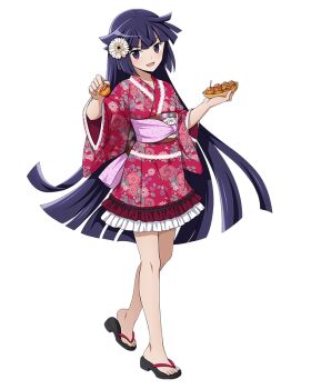 Rule 34 | 1girl, :d, akatsuki (log horizon), blush, feet, female focus, floral print, flower, food, frilled kimono, frills, full body, hair flower, hair ornament, head tilt, holding, holding food, japanese clothes, kimono, log horizon, log horizon new adventure land, long hair, looking at viewer, obi, official art, open mouth, purple hair, red kimono, sandals, sash, short kimono, smile, solo, standing, toes, transparent background, very long hair, white flower
