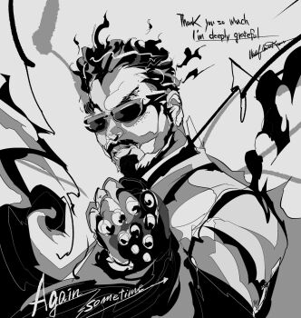 1boy bandai_namco clenched_hand facial_hair fingerless_gloves gloves hand_up harada_katsuhiro highres looking_at_viewer monochrome mustache real_life solo sunglasses tekken thank_you wolfmarker