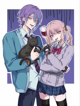 Rule 34 | 1boy, 1other, akiyama mizuki, androgynous, animal, asymmetrical sidelocks, black gloves, black thighhighs, blue hair, cardigan, cat, collared shirt, commentary request, cowboy shot, cup, diagonal-striped clothes, diagonal-striped necktie, double-parted bangs, drinking glass, earrings, gloves, hair between eyes, hand up, highres, holding, holding animal, holding cup, holding knife, jewelry, kamishiro rui, kamiyama high school uniform (project sekai), knife, long sleeves, looking at viewer, lower teeth only, multicolored hair, multicolored necktie, necktie, open cardigan, open clothes, open mouth, pants, pink eyes, pink hair, pleated skirt, project sekai, purple cardigan, purple hair, school uniform, shirt, side ponytail, sidelocks, skirt, streaked hair, striped clothes, stud earrings, teeth, thighhighs, tongue, tongue out, two-tone hair, wine glass, wing collar, wx2ed7i6jw75207, yellow eyes