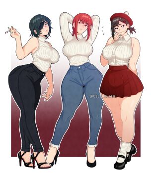 3girls alternate_breast_size alternate_costume arms_behind_head arms_up asymmetrical_hair averting_eyes bare_shoulders beret black_eyes black_hair black_pants blush braid braided_ponytail breasts buttons celebelian chainsaw_man cigarette collared_shirt denim ear_piercing embarrassed eyepatch flying_sweatdrops gradient_background hair_ornament hairclip hand_on_own_cheek hand_on_own_face hat higashiyama_kobeni high_heels highres himeno_(chainsaw_man) holding holding_cigarette jeans jewelry large_breasts light_blush long_hair looking_at_viewer looking_to_the_side makima_(chainsaw_man) mary_janes mole mole_under_eye multiple_girls multiple_moles nose_blush pants parted_lips piercing pleated_skirt pom_pom_(clothes) ponytail red_hair red_skirt ring ringed_eyes shirt shoes short_hair simple_background skirt sleeveless sleeveless_shirt sleeveless_sweater sleeveless_turtleneck_sweater socks striped_clothes striped_shirt sweat sweater thick_thighs thighs turtleneck turtleneck_sweater twitter_username vertical-striped_clothes vertical-striped_shirt white_background white_shirt white_socks white_sweater wide_hips yellow_eyes