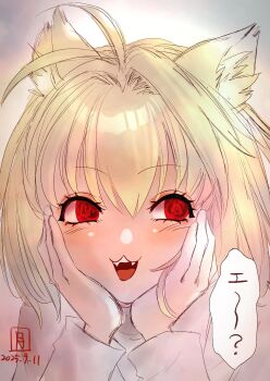 1girl :3 ahoge animal_ear_fluff animal_ears arcueid_brunestud blonde_hair blush cat_ears cat_girl commentary_request fangs hair_intakes hands_on_own_cheeks hands_on_own_face highres looking_to_the_side short_hair smile solo sorano_tsukiyo sweater teeth tsukihime tsukihime_(remake) turtleneck turtleneck_sweater upper_teeth_only white_sweater