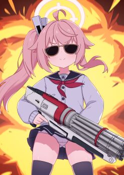 &gt;:) 1girl absurdres ass black_sailor_collar black_thighhighs blue_archive cardigan crotch_seam destiny_(game) explosion gluteal_fold halo highres long_hair looking_at_viewer natsu_(blue_archive) neckerchief panties pantyshot pink_hair pink_halo red_neckerchief sailor_collar side_ponytail skirt smile sunglasses thick_thighs thighhighs thighs underwear v-shaped_eyebrows weapon white_cardigan white_panties zddma20