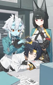1boy 3girls animal_ears aqua_jacket arm_out_of_sleeve asaba_harumasa asymmetrical_gloves black_gloves black_necktie black_skirt blue_oni blue_skin closed_eyes collared_shirt colored_skin commentary_request crro ear_piercing fingerless_gloves fox_ears fox_girl gauntlets gloves hand_up headband highres horns hoshimi_miyabi indoors jacket long_hair long_sleeves looking_at_another mismatched_gloves multiple_girls necktie oni open_mouth orange_eyes paper_stack parted_lips piercing pointy_ears red_eyes shirt single_fingerless_glove single_gauntlet skin-covered_horns skirt sleeping soukaku_(zenless_zone_zero) sparkle sparkling_aura tying_another's_hair white_hair white_shirt yellow_gloves yellow_headband zenless_zone_zero