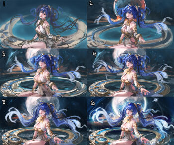 1girl absurdres armlet artist_name bare_shoulders blue_eyes blue_hair breasts cleavage closed_mouth commentary darkyo07 english_commentary gold_bra highres iuno_(wuthering_waves) jewelry laurel_crown long_hair looking_at_viewer making-of medium_breasts sitting smile solo thighs twintails twitter_username wuthering_waves