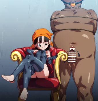 1boy 1girl ball_gag bandana bar_censor black_eyes black_hair black_leotard censored chair clothed_female_nude_male commentary_request covered_erect_nipples crossed_legs dragon_ball dragon_ball_(object) dragon_ball_gt fat fat_man female_focus femdom flat_chest gag impossible_clothes impossible_leotard leotard loli masochism nude on_chair orange_bandana pan_(dragon_ball) penis rom_(20) short_hair simple_background sitting