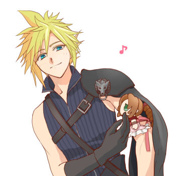 1boy aerith_gainsborough aqua_eyes arm_ribbon armor black_gloves black_sleeves black_vest blonde_hair character_doll chest_strap cloud_strife doll fenrir_(final_fantasy) final_fantasy final_fantasy_vii final_fantasy_vii_advent_children gloves hair_between_eyes light_blush male_focus musical_note pauldrons pink_ribbon ribbon shoulder_armor single_bare_shoulder single_pauldron single_sleeve smile spiked_hair vest white_background yahokichi_ma