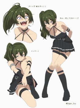 1girl absurdres bare_shoulders black_dress black_socks breasts collarbone commentary_request dress edgar_syu green_hair highres long_hair looking_at_viewer medium_breasts multiple_views open_mouth pleated_dress side_ponytail socks sousou_no_frieren teeth thigh_strap ubel_(sousou_no_frieren)
