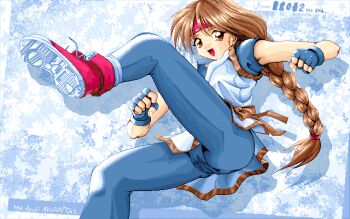 1girl artist_name ass bad_id blue_gloves blue_leggings blue_panties blue_shirt braid brown_eyes brown_hair copyright_name copyright_notice dated dougi fingerless_gloves gloves leg_up leggings long_hair looking_at_viewer mikazuki_akira! open_mouth panties pc-98_(style) red_shoes ryuuko_no_ken shirt shoes short_sleeves single_braid smile solo underwear very_long_hair yuri_sakazaki