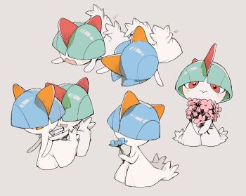 Rule 34 | 2others, :>, :<, alternate color, blue flower, blue hair, blush stickers, bouquet, bowl cut, closed mouth, colored skin, commentary request, flower, full body, gen 3 pokemon, green hair, grey background, hair over eyes, hair over one eye, highres, holding, holding bouquet, hug, hug from behind, looking at viewer, multiple others, multiple views, newo (shinra-p), nintendo, open mouth, orange eyes, pink flower, pokemon, pokemon (creature), ralts, shiny pokemon, simple background, tripping, white skin