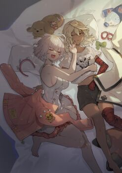 2girls :3 \m/ bare_legs bed blonde_hair breasts commentary cuddling dog dress elphelt_valentine grey_hair guilty_gear guilty_gear_strive hairband highres jacket large_breasts magehound multiple_girls open_mouth pillow pink_jacket ramlethal_valentine short_shorts shorts siblings sideboob sisters sleeping sleeveless sleeveless_dress spiked_hairband spikes symbol-only_commentary unworn_jacket youmicitrustea