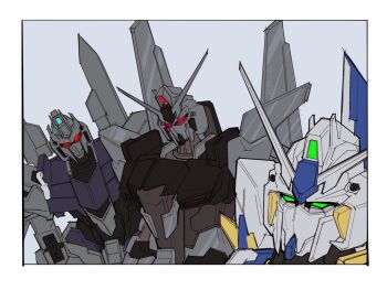 border commentary delta_gundam_kai delta_plus delta_zayin english_commentary green_eyes grey_background gundam gundam_unicorn highres kampen1184 mecha mecha_focus mobile_suit mobile_suit_gundam:_silver_phantom no_humans red_eyes robot science_fiction upper_body v-fin white_border