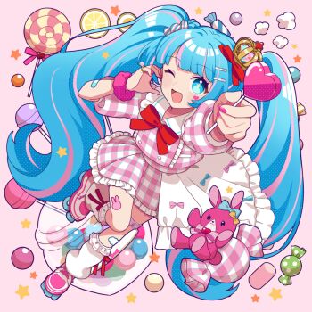 1girl ;d bandaid bandaid_on_arm binchou_maguro blue_eyes blue_hair blunt_bangs bow bowtie candy commentary_request crown dress food frilled_dress frilled_socks frills fruit full_body fur_wrist_cuffs hair_ornament hairclip hatsune_miku heart heart-shaped_food heart-shaped_lollipop holding holding_candy holding_food holding_lollipop lemon lemon_slice lollipop long_hair looking_at_viewer mini_crown multicolored_hair one_eye_closed open_mouth outstretched_arm parallel_hairclips pink_background pink_dress pink_hair pink_shoes pink_wrist_cuffs red_bow red_bowtie roller_skates shaped_lollipop shoes skates smile socks solo star-shaped_pupils star_(symbol) streaked_hair swirl_lollipop symbol-shaped_pupils twintails two-tone_hair very_long_hair vocaloid white_socks wrapped_candy wrist_cuffs