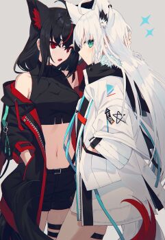 Rule 34 | 2girls, ahoge, animal ear fluff, animal ears, aqua eyes, bare shoulders, belt, black hair, black hoodie, black shorts, black vs white, braid, crop top, crossed bangs, dark persona, dual persona, ear ornament, earrings, extra ears, fox ears, fox girl, fox tail, fur-trimmed jacket, fur trim, hair between eyes, hand in pocket, highleg, highleg panties, highres, hololive, hood, hoodie, jacket, jewelry, kurokami fubuki, long hair, looking at viewer, multicolored hair, multiple girls, nagishiro mito, navel, official alternate costume, open clothes, open jacket, open mouth, panties, pentagram, pocket, red eyes, red hair, red jacket, shirakami fubuki, shirakami fubuki (fubukitek), shorts, side braid, sidelocks, simple background, single braid, single earring, sleeveless, sleeveless turtleneck, streaked hair, tail, thigh strap, turtleneck, underwear, virtual youtuber, white background, white hair, white jacket, white tail