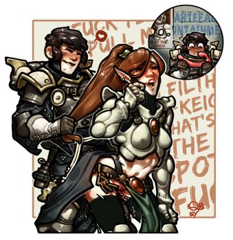 2girls adepta_sororitas armor assertive_female boobplate breastplate chibi chibi_inset clothed_sex commentary dildo eldar elf english_commentary english_text female_orgasm female_pubic_hair femdom grabbing_another's_hair highres holding_another's_hair imperium_of_man interspecies long_hair multiple_girls no_panties orgasm pelvic_curtain pointy_ears ponytail power_armor profanity pubic_hair qsy sex sex_from_behind sex_toy shared_object_insertion short_hair standing standing_sex strap-on strapless_dildo teeth thighhighs upper_teeth_only wall_of_text warhammer_40k yuri