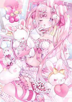 1girl ;o aoi_yugina blue_eyes blunt_bangs bow collar commission food fruit hair_ornament hairclip heart highres long_hair looking_at_viewer midriff navel one_eye_closed open_mouth original pink_hair pink_theme polka_dot rabbit ribbon sensitive solo stuffed_animal stuffed_rabbit stuffed_toy twintails very_long_hair