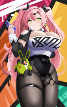 1girl 2024 :3 abstract_background absurdres bangboo_(zenless_zone_zero) belt black_jacket black_leotard black_pantyhose black_ribbon black_shorts black_sleeves black_thighhighs blue_nails blush breasts cellphone character_doll cleavage clothes_writing clothing_cutout commentary contrapposto cowboy_shot cropped_jacket cutoffs detached_sleeves doll earrings english_commentary female_focus flip_phone floating_clothes floating_hair hair_ornament hair_ribbon hairclip hairdressing happy heart heart_earrings heart_necklace highres holding holding_phone jacket jewelry large_breasts leotard lips long_hair micro_shorts midriff mole mole_under_eye multicolored_nails navel necklace nicole_demara o-ring o-ring_thigh_strap pantyhose phone pink_hair pink_lips pink_nails pointy_ears popped_collar ribbon shiny_skin shorts shoulder_cutout sky solo strapless swept_bangs tears thigh_strap thighhighs tube_top twintails white_tube_top yami_(darknight449) zenless_zone_zero