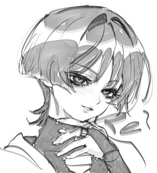 1boy artist_name blunt_ends blush bodysuit bridal_gauntlets covered_collarbone fingernails genshin_impact greyscale hair_intakes hand_on_own_neck hand_up highres japanese_clothes kimono lips long_eyelashes looking_at_viewer male_focus middle_ring monochrome open_hand parted_lips portrait scaramouche_(genshin_impact) sketch solo tei(_te_i_328) tsurime wanderer_(genshin_impact) white_background wispy_bangs