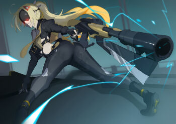 1girl absurdres black_gloves black_pants blindfold_mask blonde_hair breasts camouflage commentary_request covered_eyes fingerless_gloves gloves hair_ornament highres holding jacket large_breasts long_hair mask navel open_mouth pants ponytail solo trigger_(zenless_zone_zero) user_hnan3558 weapon zenless_zone_zero