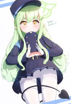 1girl :&lt; absurdres armband belt belt_buckle black_belt black_hat black_jacket black_skirt black_tail blue_archive blue_armband blush buckle buttons closed_mouth cropped_jacket demon_girl demon_tail dot_nose from_below gloves green_hair green_halo hair_between_eyes halo hands_up hat high-waist_pantyhose highres hikari_(blue_archive) jacket loli long_hair long_sidelocks long_sleeves looking_at_viewer looking_down navel panties panties_under_pantyhose pantyhose peaked_cap pleated_skirt pointy_ears sidelocks simple_background skirt solo sorakumo split_mouth standing straight_hair tail tail_around_own_leg tail_wrap thighband_pantyhose thighs underwear v-shaped_eyebrows very_long_hair white_background white_gloves white_pantyhose yellow_eyes