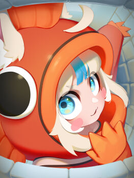 1girl ahoge animal_ear_fluff animal_ears appleblossomtea blonde_hair blue_eyes blue_hair blush_stickers cat_ears fang highres indie_virtual_youtuber kaniki_(sameko_saba) looking_at_viewer multicolored_hair open_mouth sameko_saba skin_fang smile solo streaked_hair virtual_youtuber